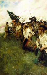 Bandaged and ragged soldiers carry a tattered American flag, a drum, and rifles as they advance forward upon the direction of their commander.